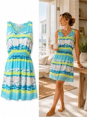 ADDISON 100% Silk Pastel Watercolor Print Open Back Sleeveless Dress Size Medium